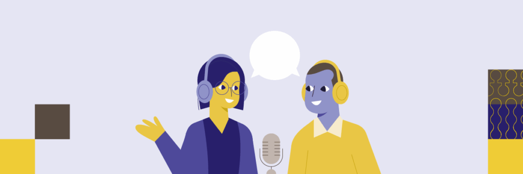 Tekening twee personen die een podcast opnemen