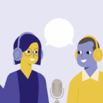 Tekening twee personen die een podcast opnemen