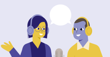 Tekening twee personen die een podcast opnemen